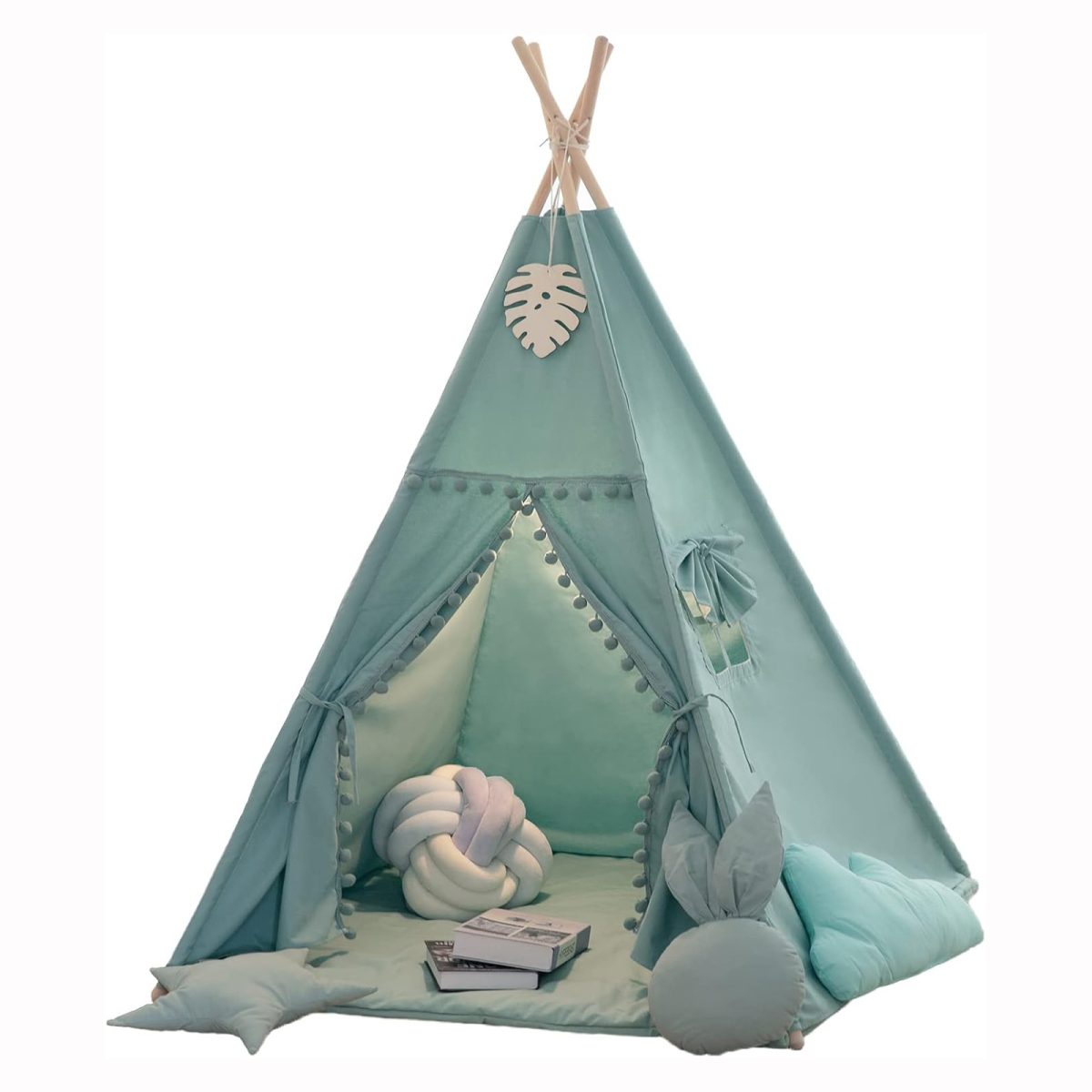 Foldable Teepee Tent for Kids Green Pompom Ball Design with Floor Mat,Carry Case,Banner,Four Ploes Classic Cute Children Playing House Indoor Outdoor Nursery Decor
