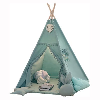 Foldable Teepee Tent for Kids Green Pompom Ball Design with Floor Mat,Carry Case,Banner,Four Ploes Classic Cute Children Playing House Indoor Outdoor Nursery Decor