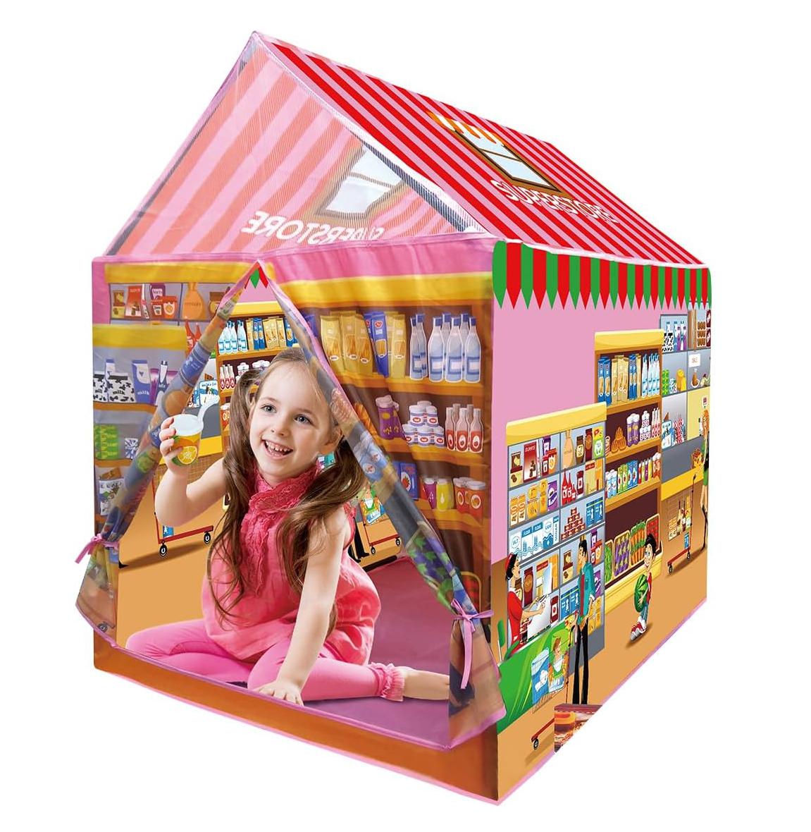 Kids Play Tent Indoor Playhouse, 115 PCS Kids Supermarket Play Tent Playset with Pretend Food Toy for Toddlers, Super Store Shopping Role Play Toy Set for Boys & Girls Age 3 4 5 6 7 8 Years Old